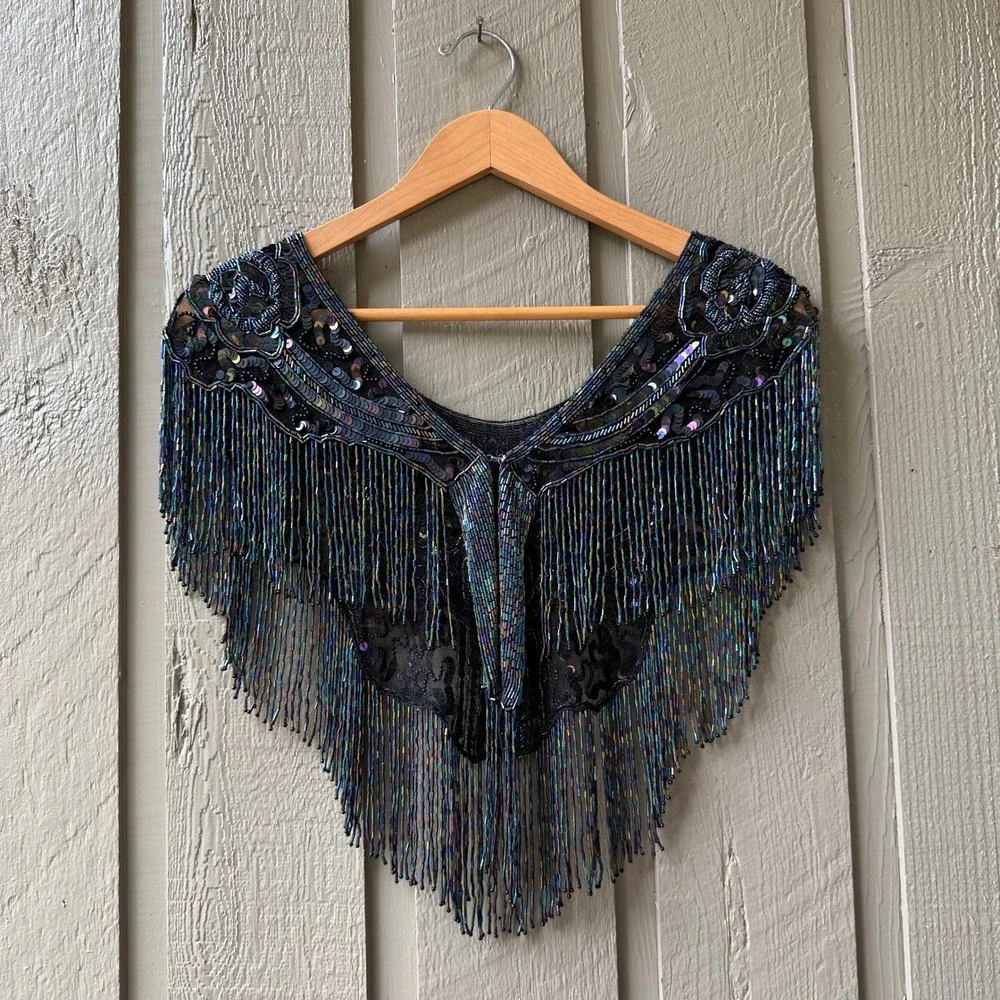 Vintage Beaded Fringe Capelet Shawl Womens Iridescent Floral One Size Black